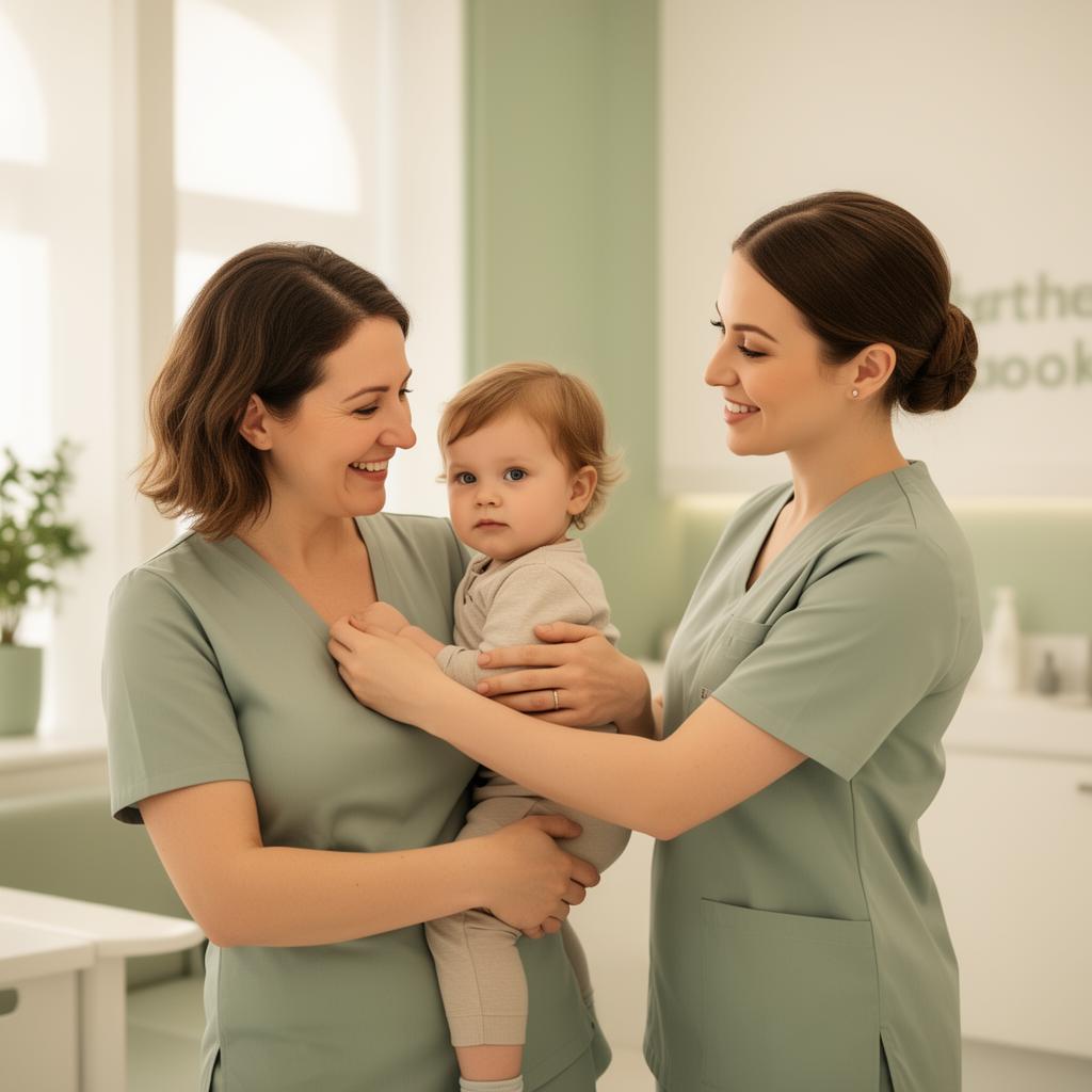 Enfermeira acolhendo mãe e bebê na clínica de vacinas